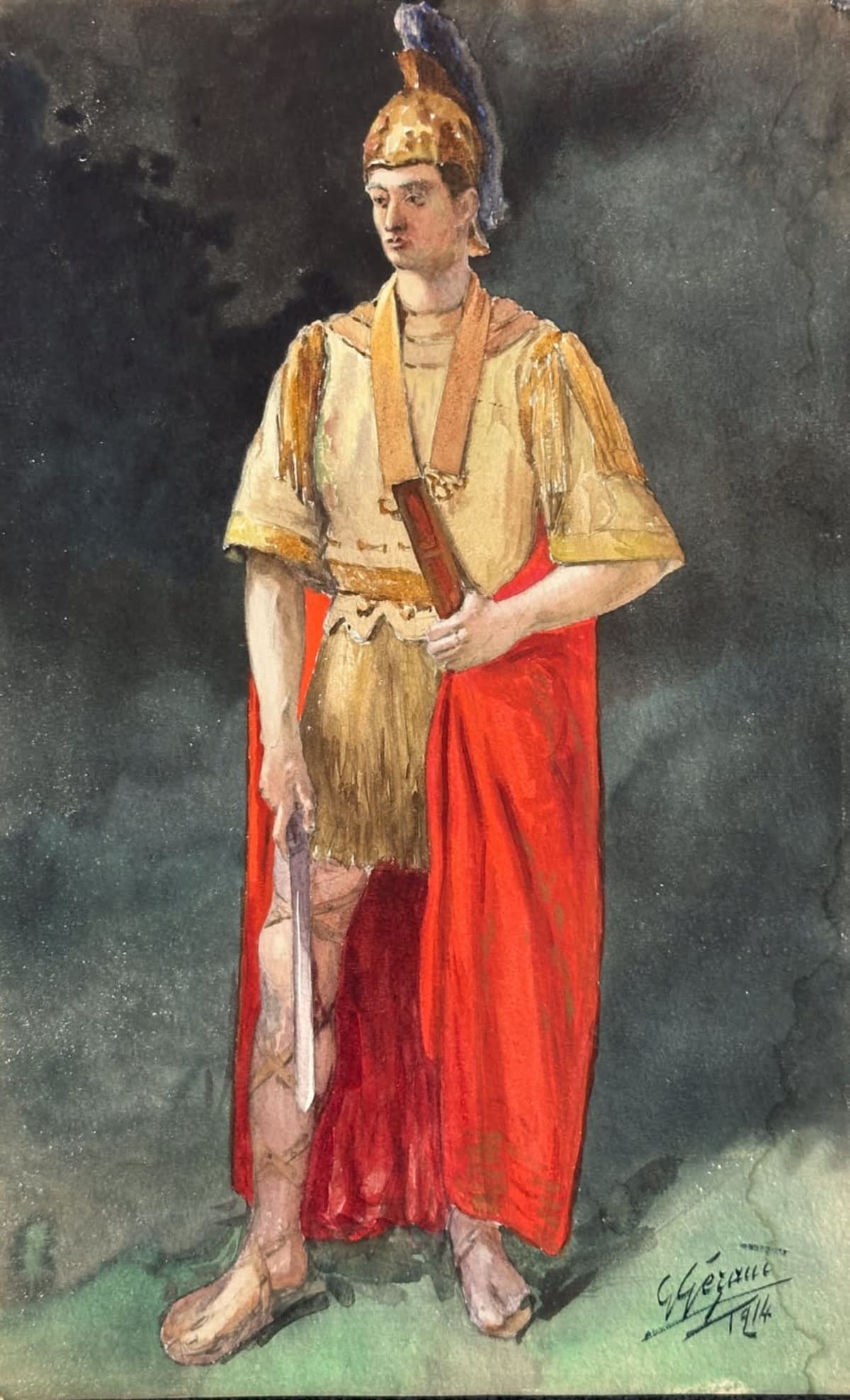 Ancienne aquarelle signée G. Geraud comédien théâtre centurion Rome antique - Image 1