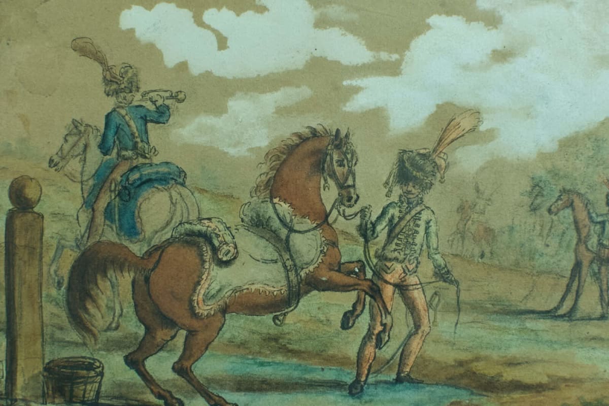 Ancien dessin Empire hussard cavaliers chevaux signé Toussaint Charlet XIXe - Image 1