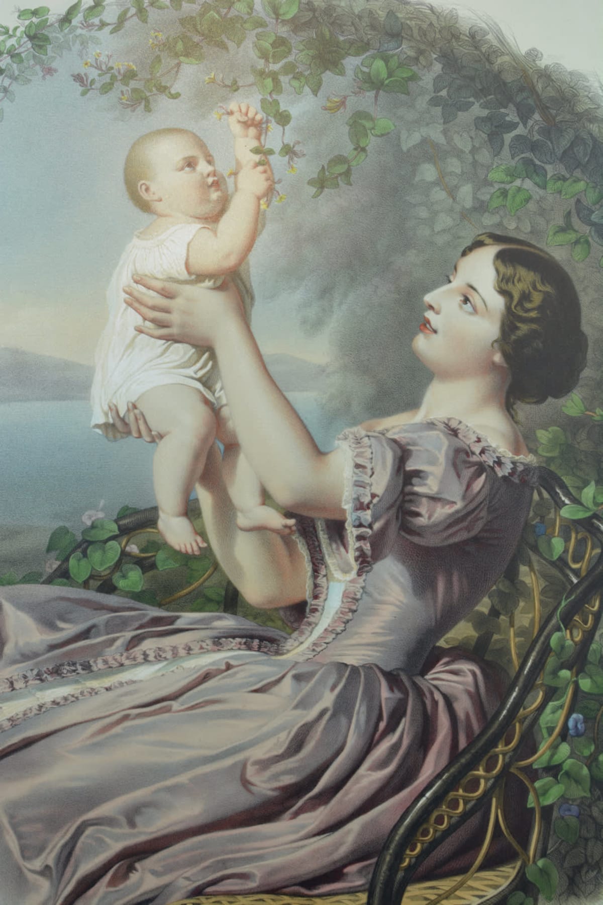 Grande lithographie couleurs portrait femme maternité bébé XIXe print rare - Image 1