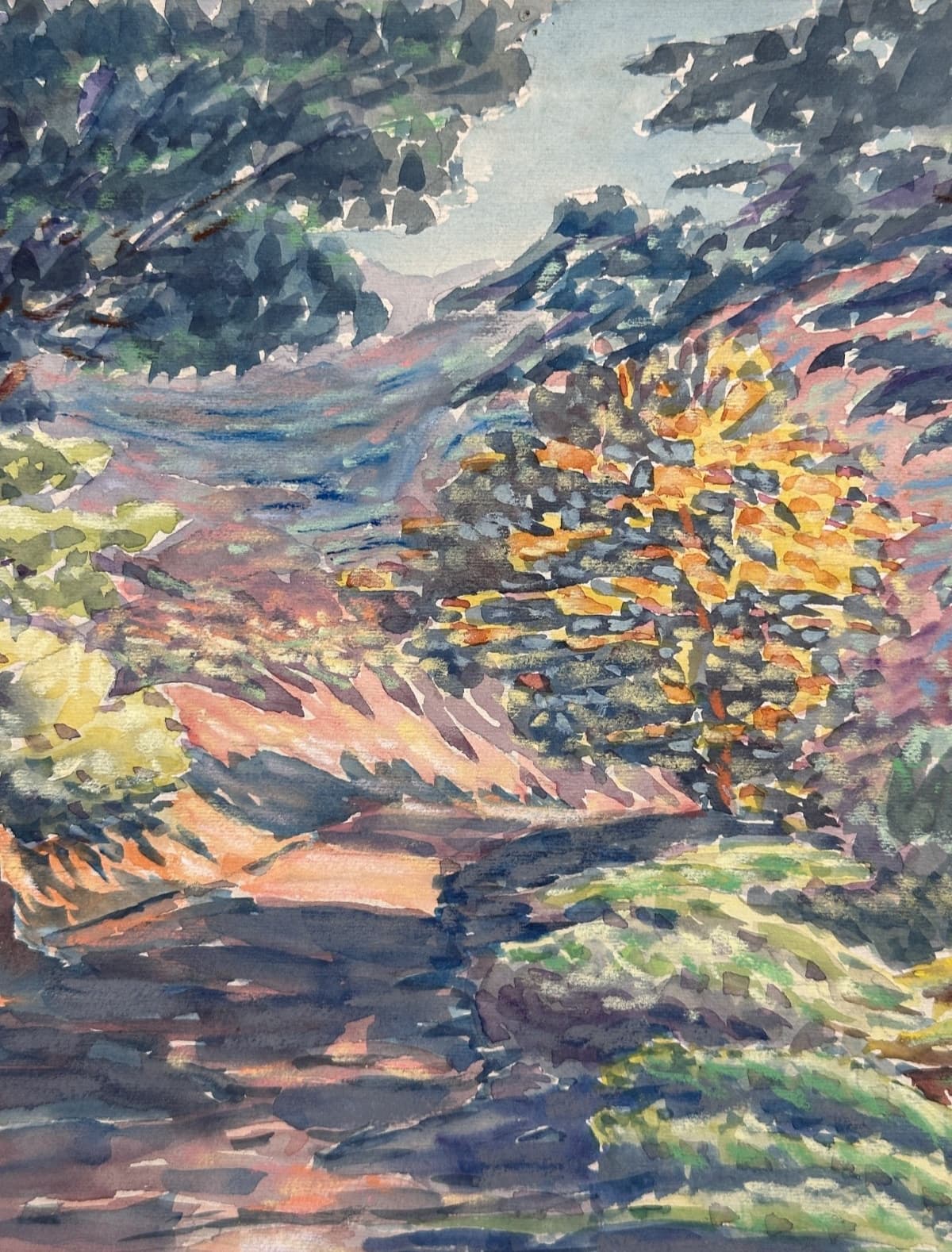 Ancienne aquarelle signée G. Geraud Pyrénées sentier Capvern-les-Bains 1911 - Image 1