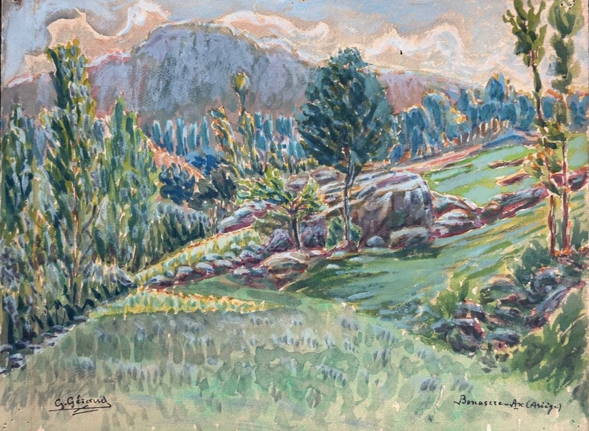 Ancienne aquarelle signée Geraud paysage montagne Ax-Bonascre Ariège ski 1911 - Image 1
