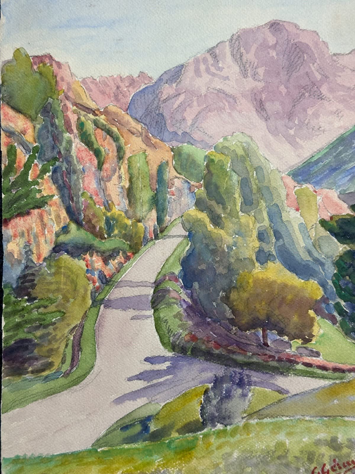Ancienne aquarelle signée G. Geraud paysage chemin d'Ascou Ariège 1911 - Image 1