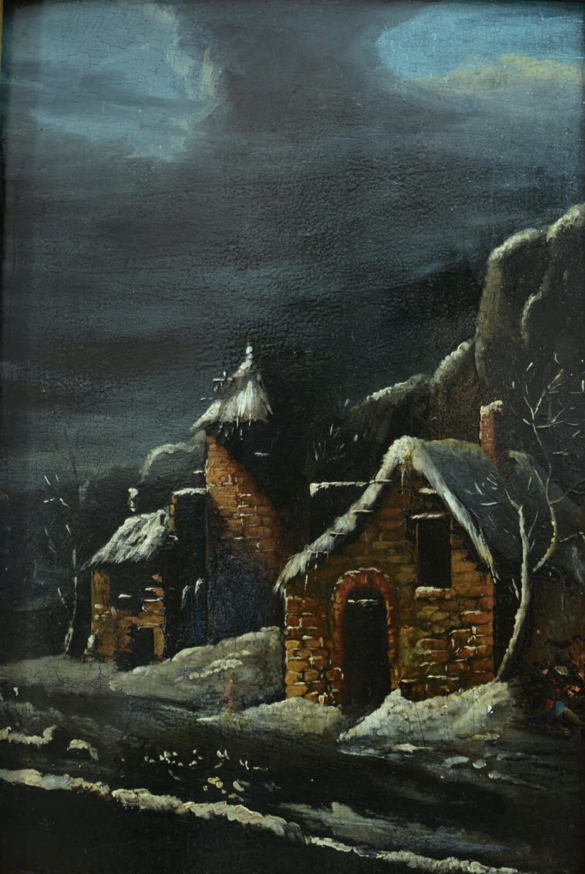 Beau tableau ancien paysage nocturne sous la neige animé sv Claude Malbranche - Image 1