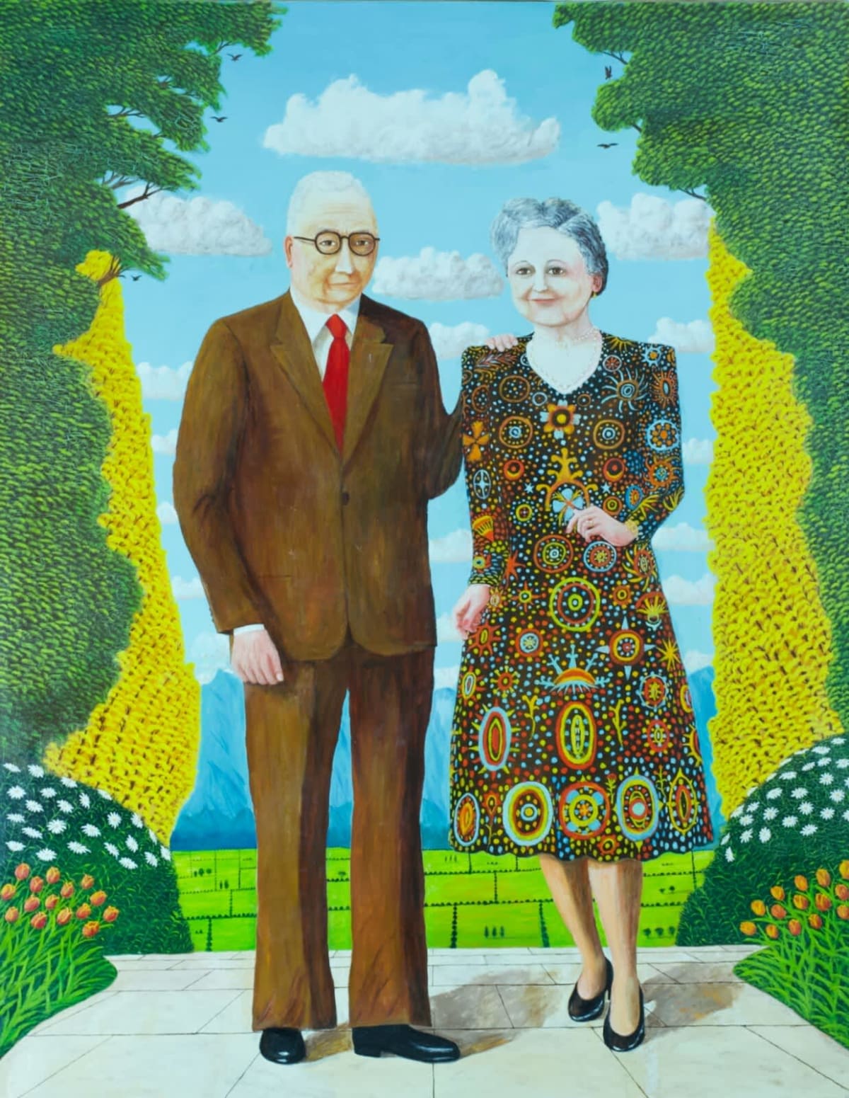 Tableau ancien naïf Daniel Ferrara couple dans un paysage jardin Marseille XXe - Image 1