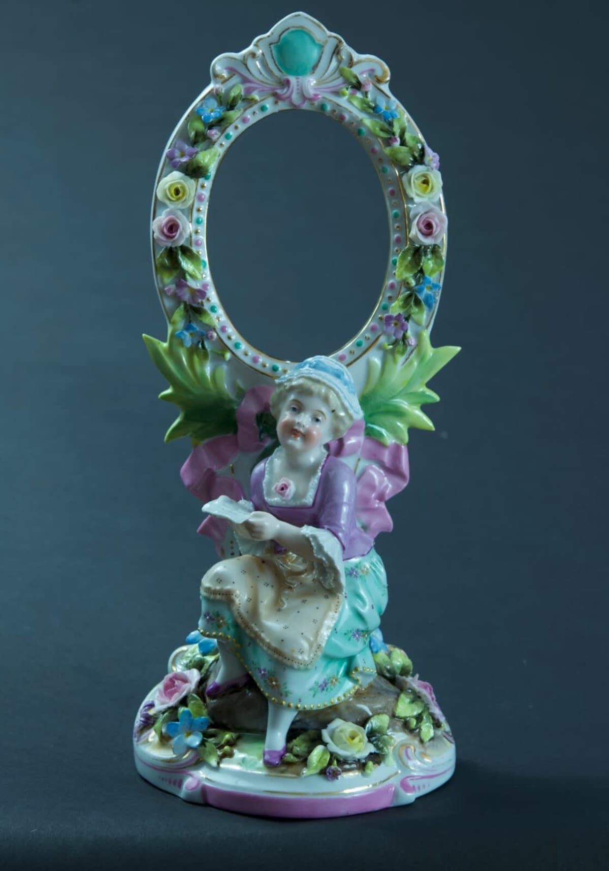 Ancienne figurine allemande style Meissen porte photo miroir menu Dresden XXe - Image 1