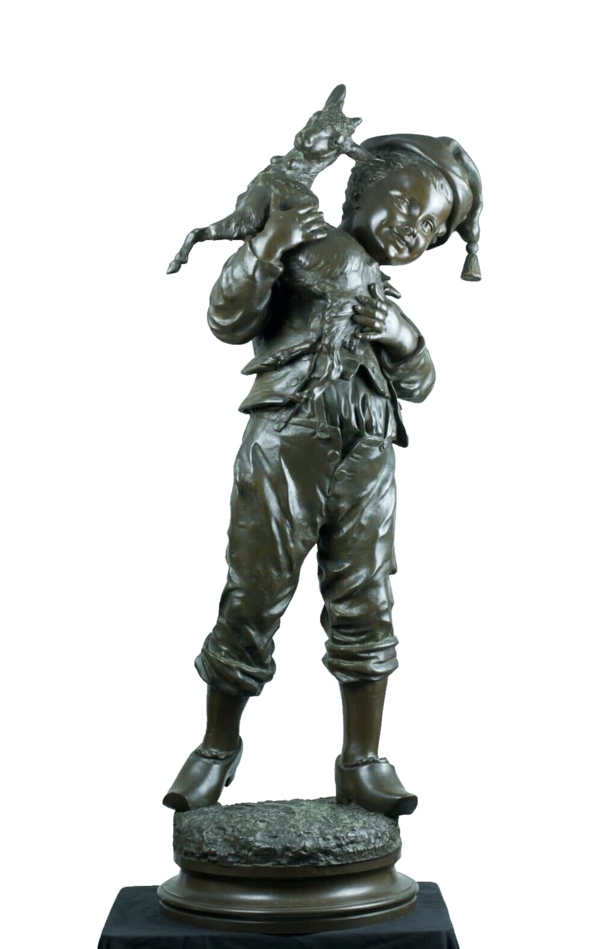 Grand bronze ancien sculpture portrait enfant au chevreau Emile Laporte XIXe 1M - Image 1
