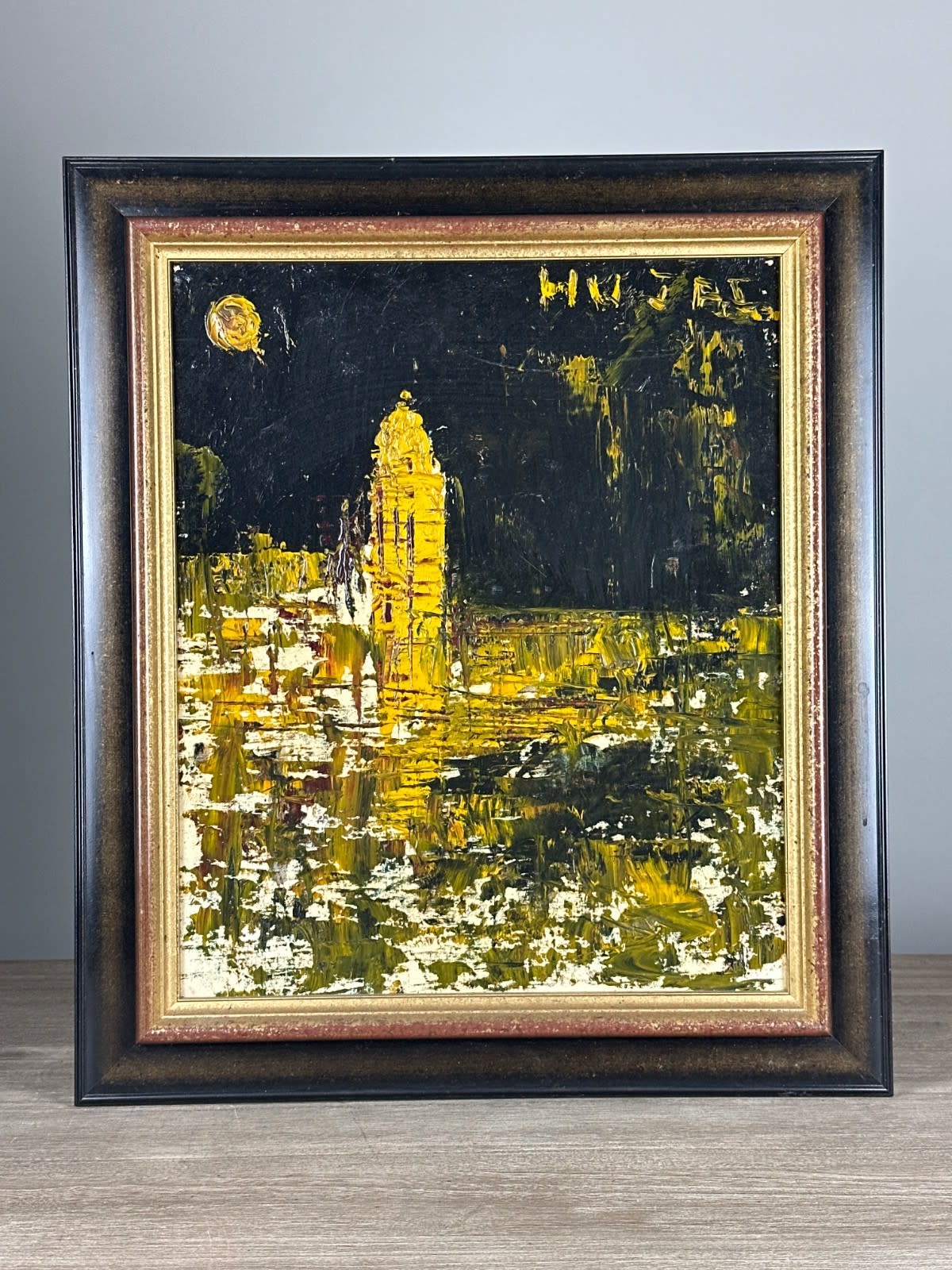 Tableau, moderne, expressionniste, ville la nuit signée UJac, Toulouse. - Image 1