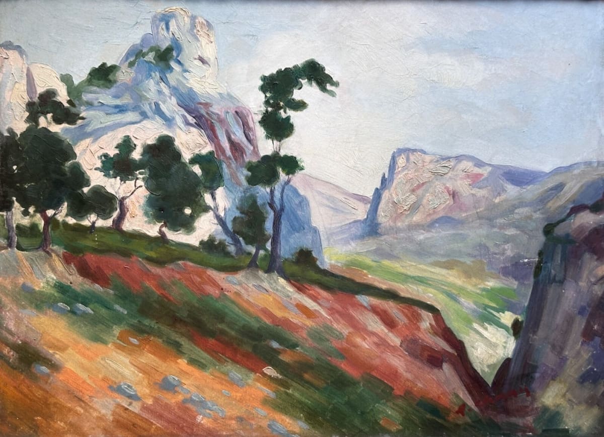 Tableau ancien huile montagne Alpilles signé sommet arboré cadre XXe - Image 1