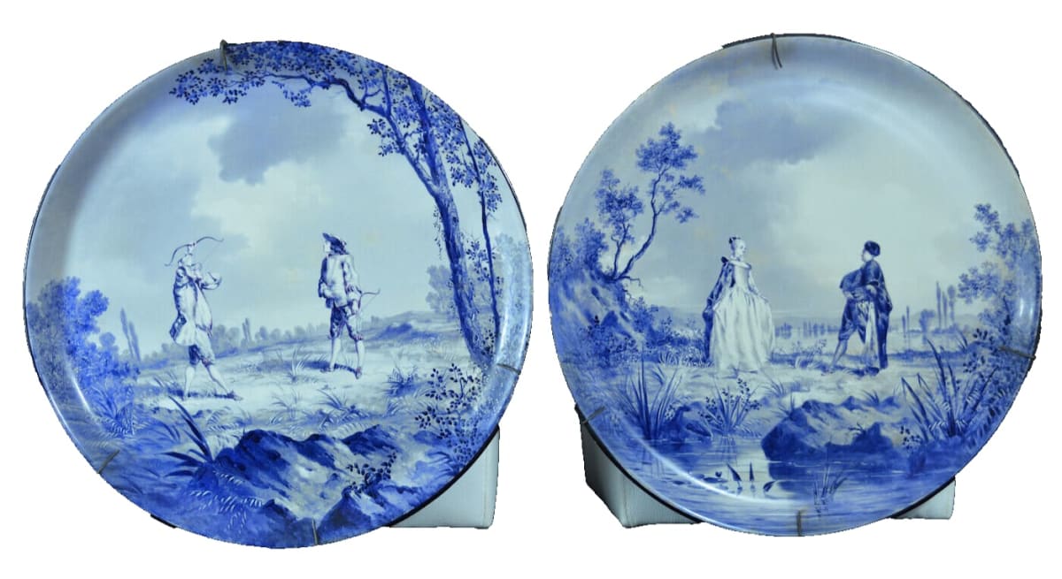 Spectaculaire ancien plat circulaire aux archets Creil Montereau XIXe 50 cm x 2 - Image 1