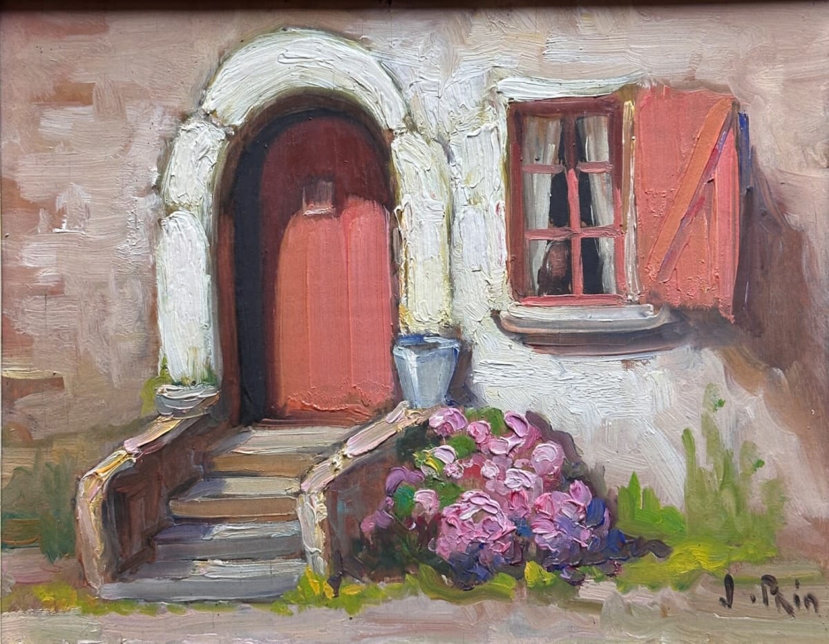 Ancien tableau breton maison Rochefort jardin Juliette Prin x 2 Charles Perron - Image 1