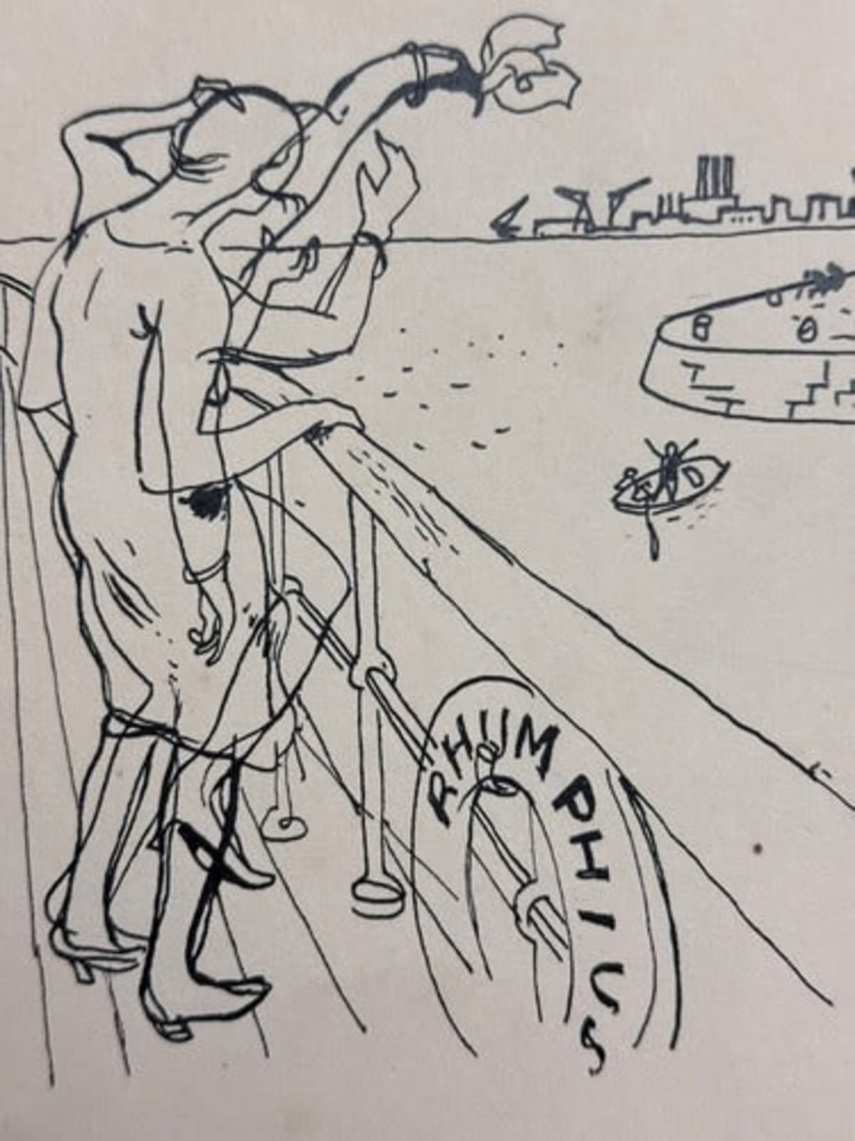 Beau dessin ancien Jean Terles Au revoir sur le pont d'un bateau papier 1930 - Image 1