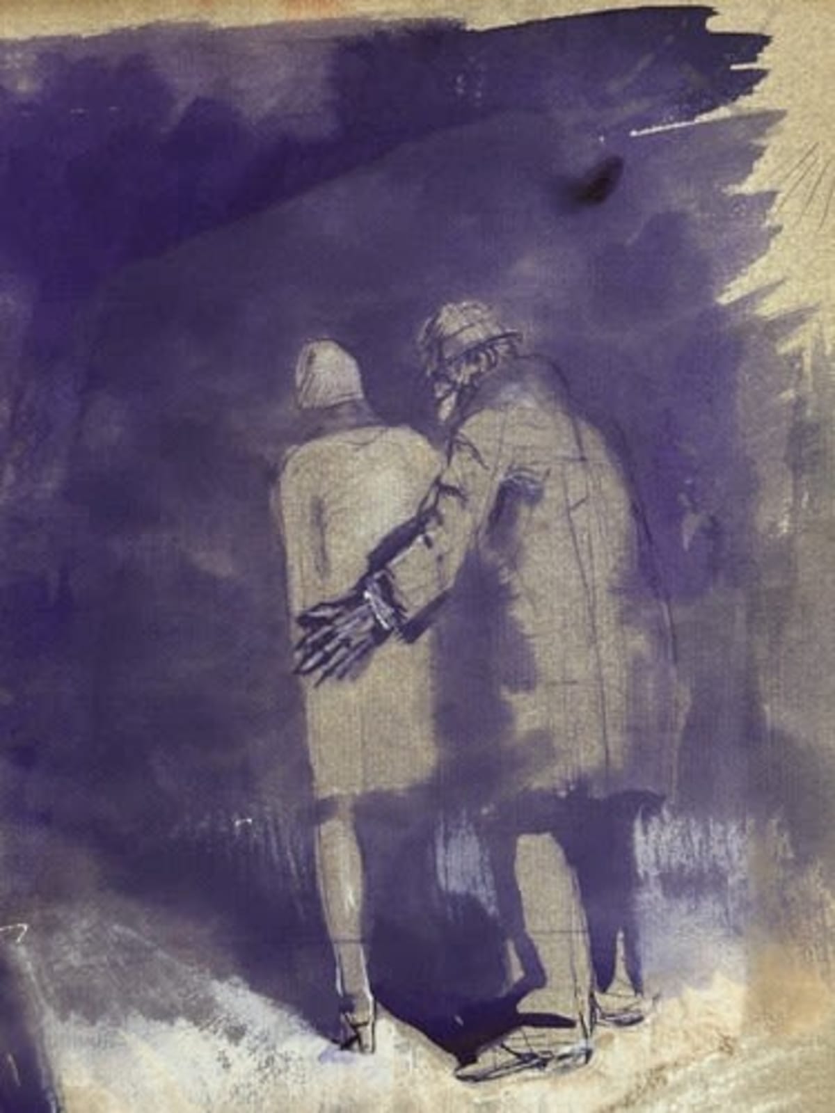 Beau dessin ancien Jean Terles couple marchant dans la nuit papier 1930 - Image 1