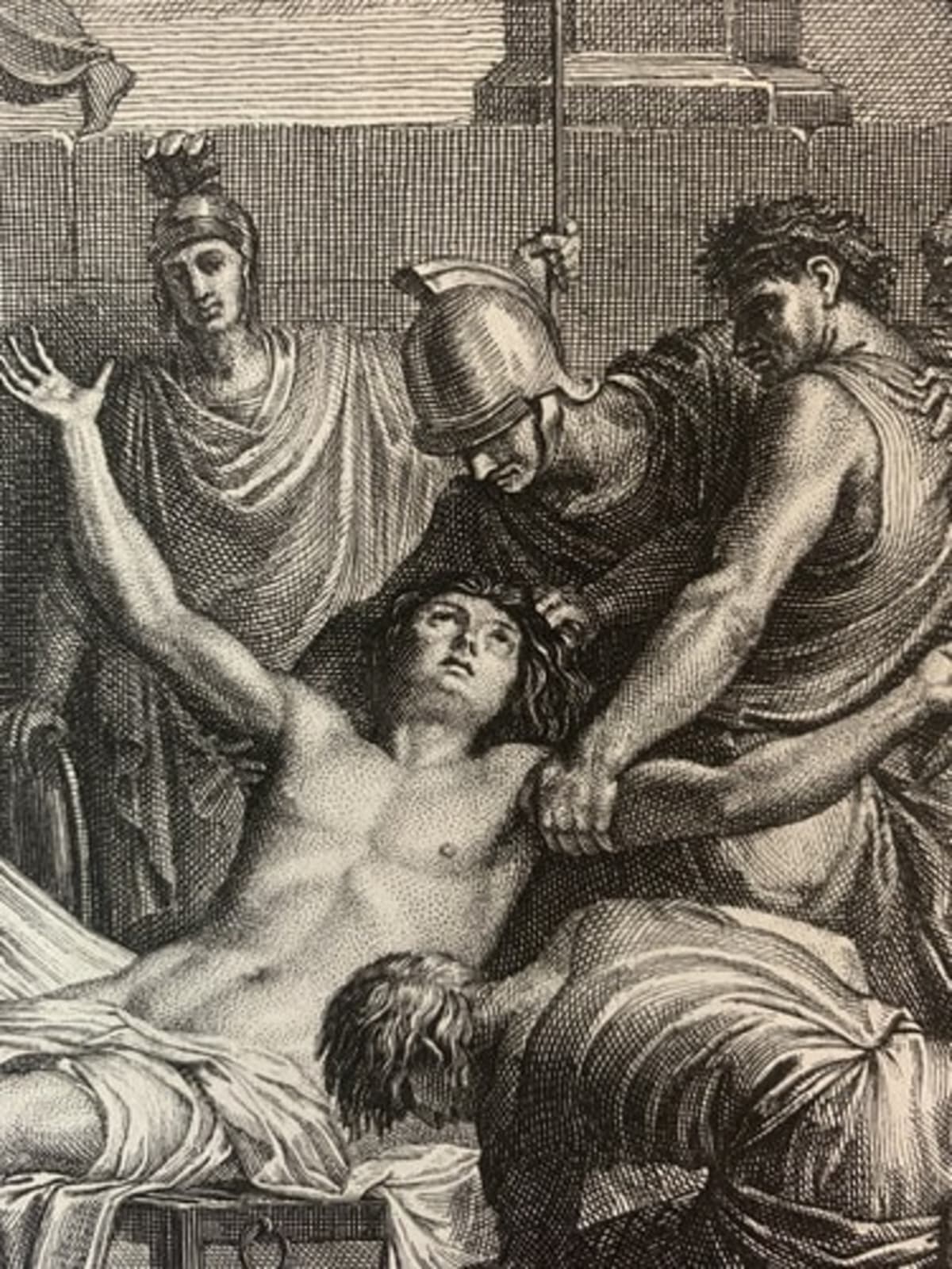 Belle gravure ancienne Martir Ne Craint Pas la Flamme Romain Antique supplice - Image 1