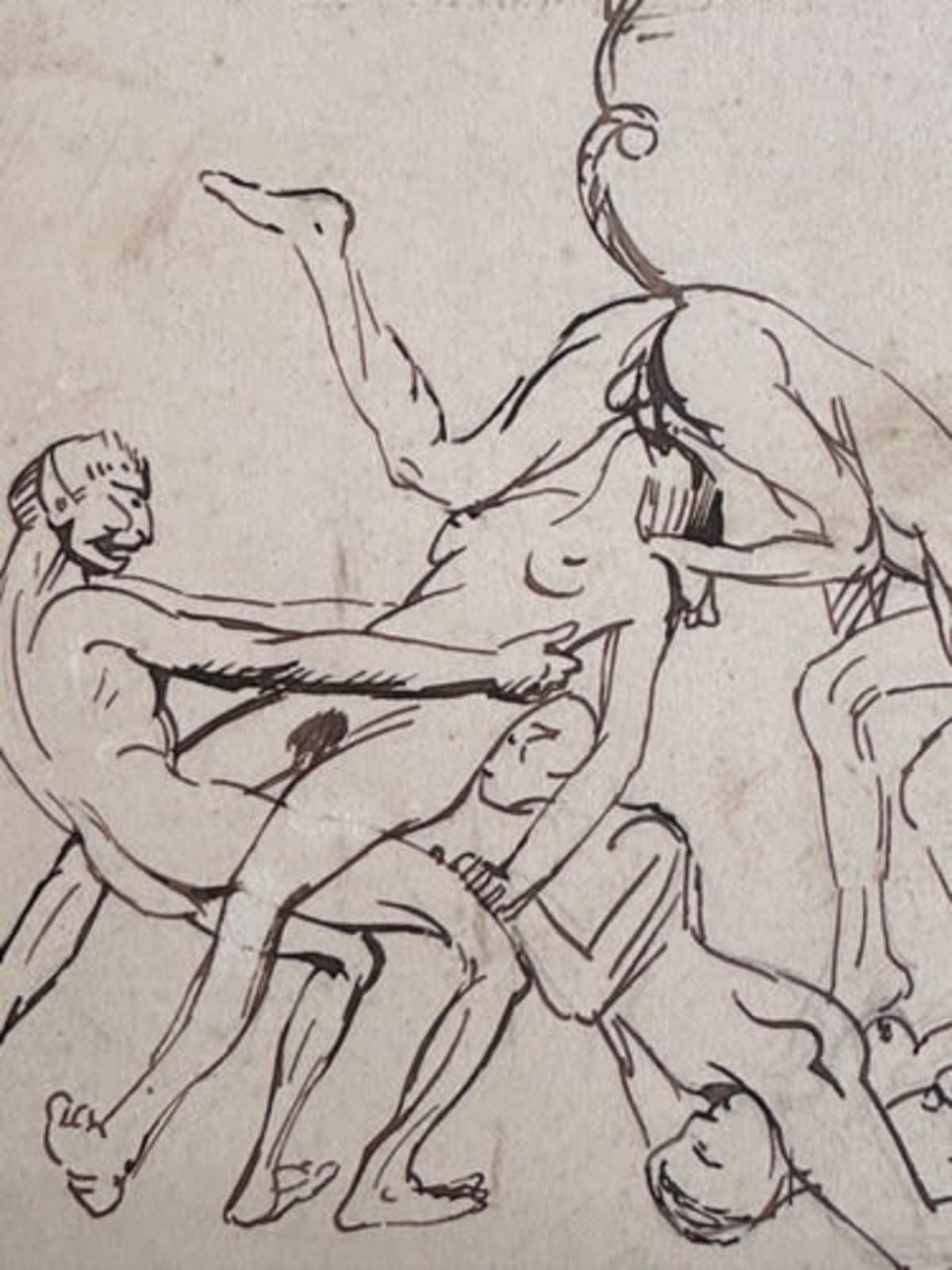 Ancien dessin portrait personnage nus diable faune satanique curiosa 1900 - Image 1