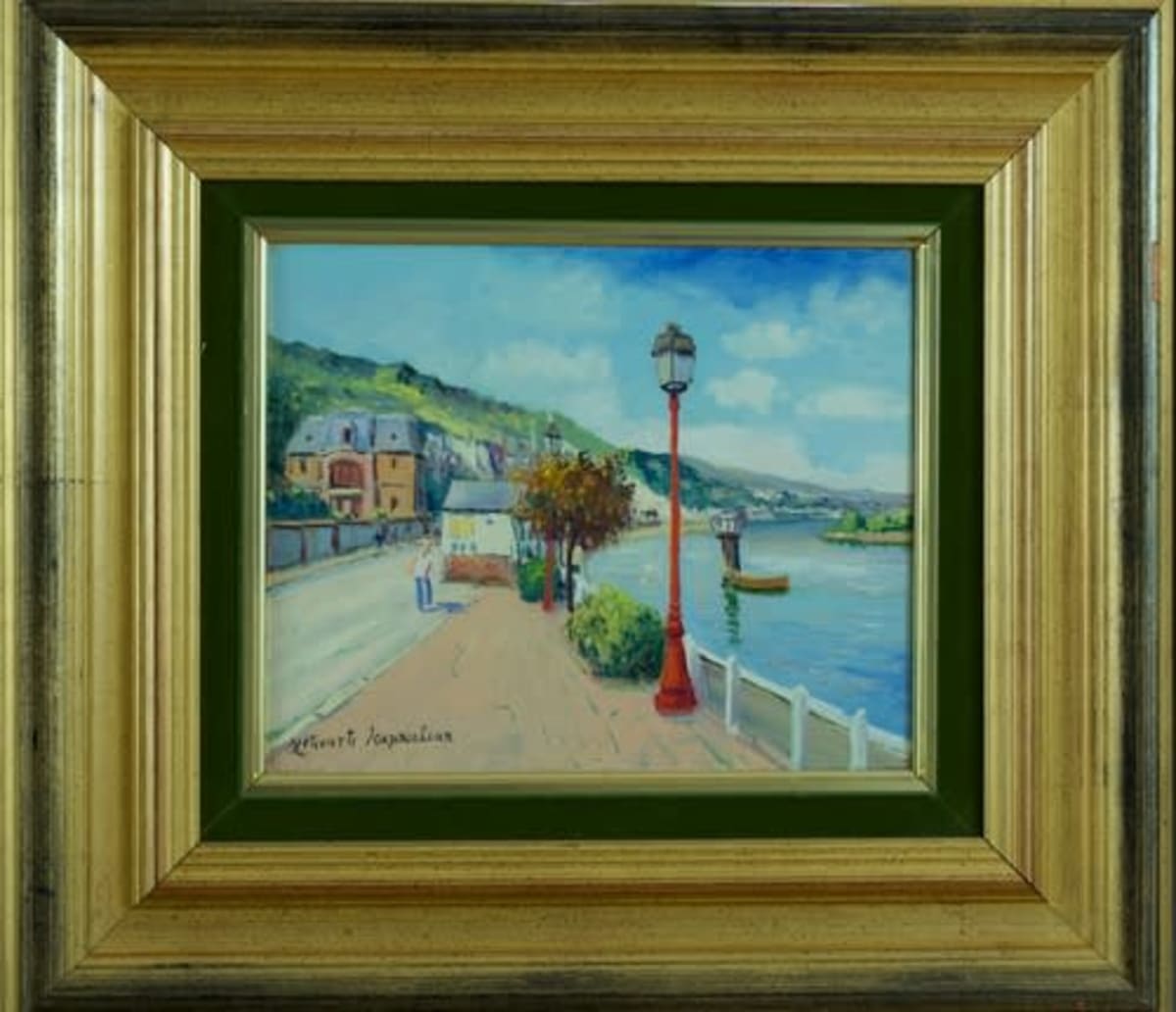 Tableau ancien Kaprielian bord de rivière animé la Seine Normandie Arménie HST - Image 1