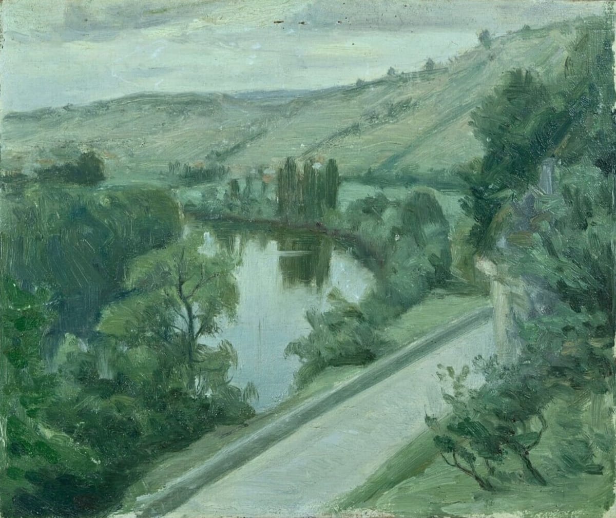 Tableau ancien paysage impressionniste bord du Lot rivière E. Chauvelot Albas - Image 1