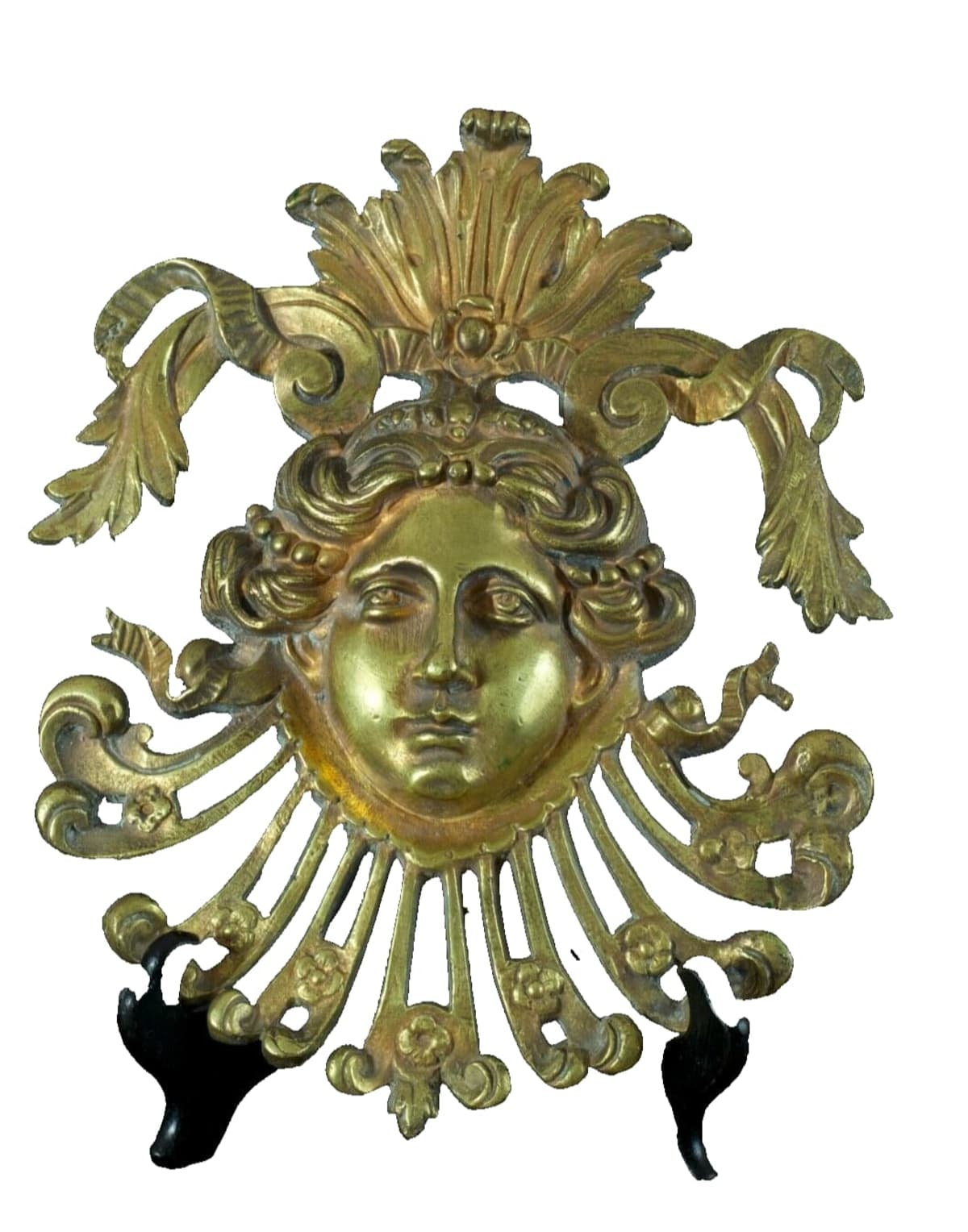 Grand bronze ancien parement XIXe décor Bérain masque femme mascaron signé XIXe - Image 1