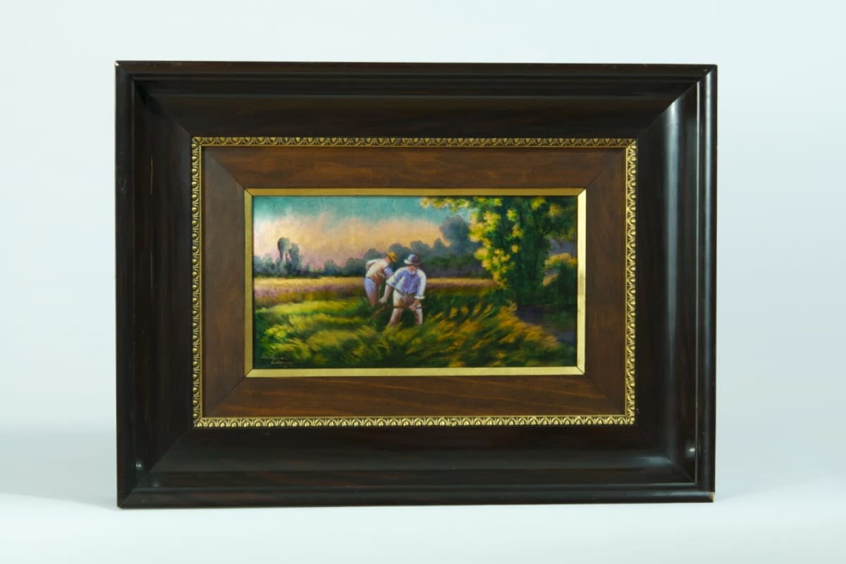 Ancien tableau paysage les travaux des champs email de Limoges Bardonnaud cadre - Image 1