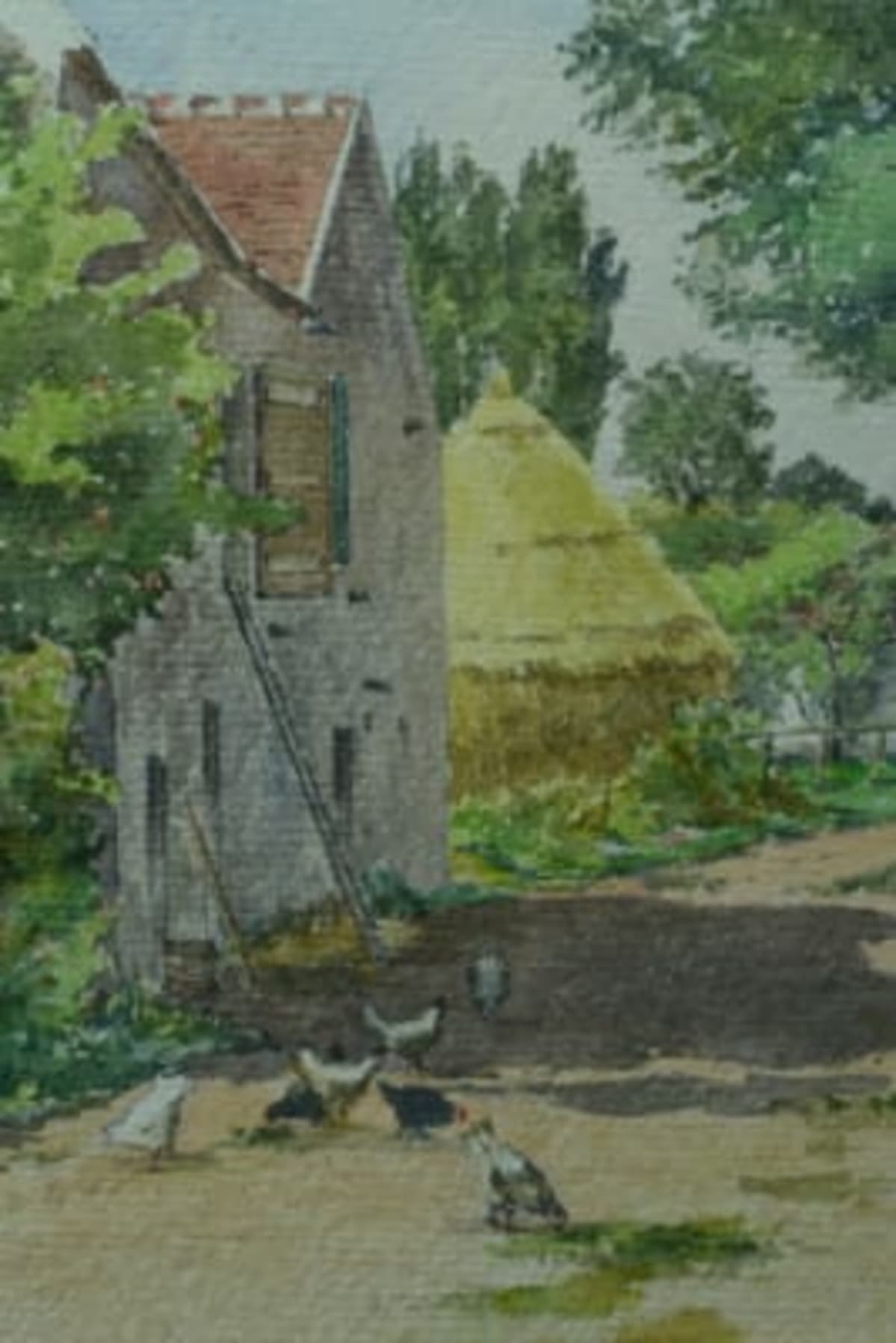 Beau tableau ancien vue de ferme et poules signé Blanche Crécy-la-Chapelle - Image 1