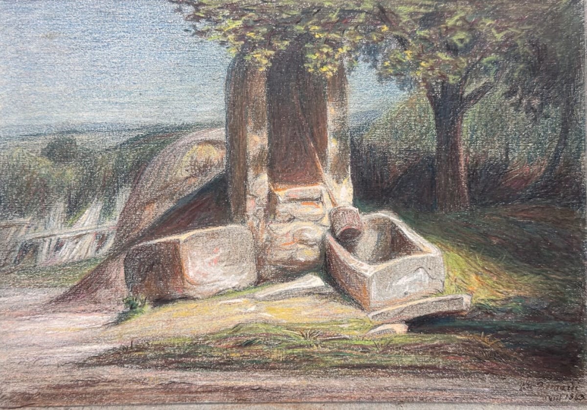Beau dessin ancien paysage romantique à la fontaine arboré en été pastel 1863 - Image 1