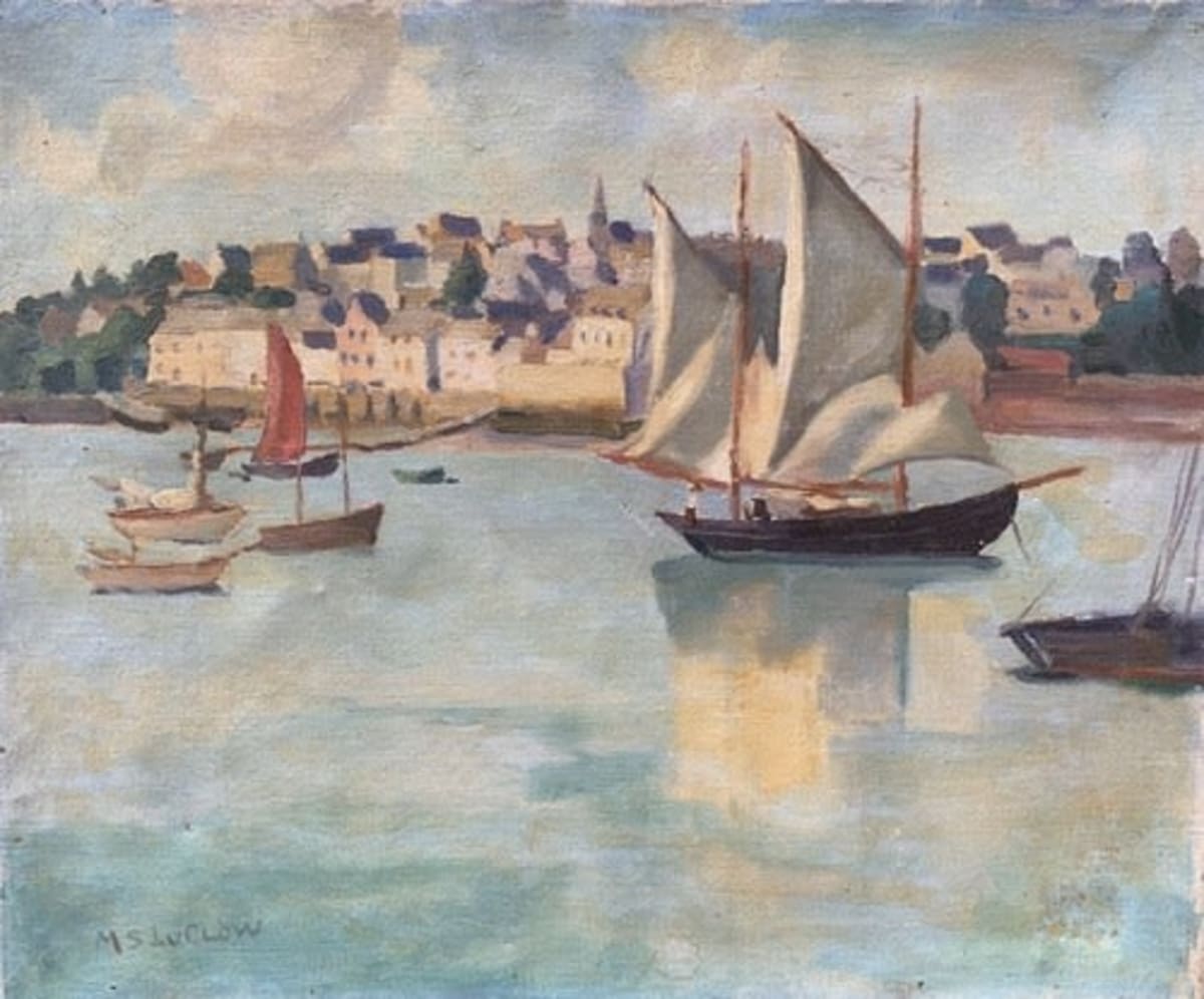 Tableau ancien port bateau marine Bretagne Normandie anglais Mary Ludlow 1900 - Image 1