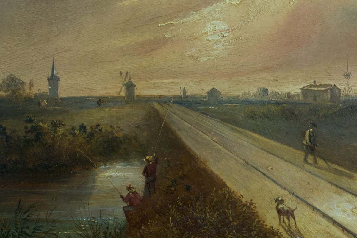 Tableau ancien marine Théodore Gudin paysage Nord pêcheur ciel orage cadre XIXe - Image 1