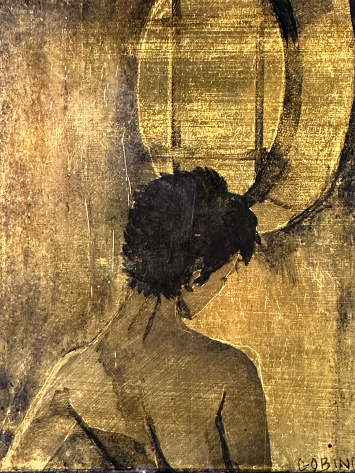 Beau tableau moderne laque sur panneau portrait de couple dénudé Oculus Gobing - Image 1