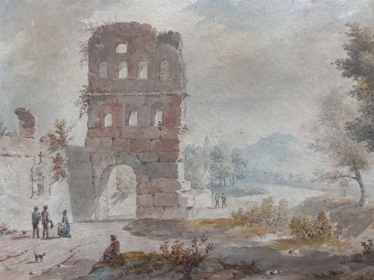 Ancien dessin paysage animée ruines Italie Grand Tour Rome Naples signé Brune - Image 1