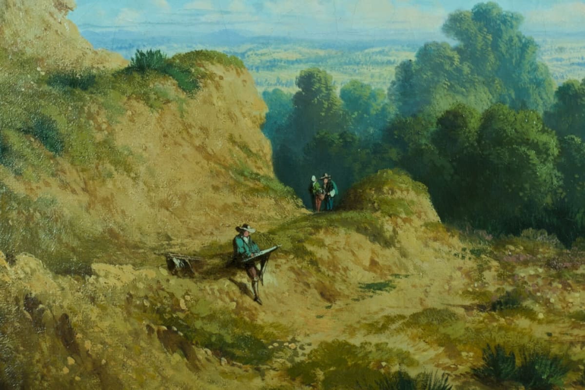 Ancien tableau paysage portrait peintre au travail plein air Louis Thomas XIXe - Image 1