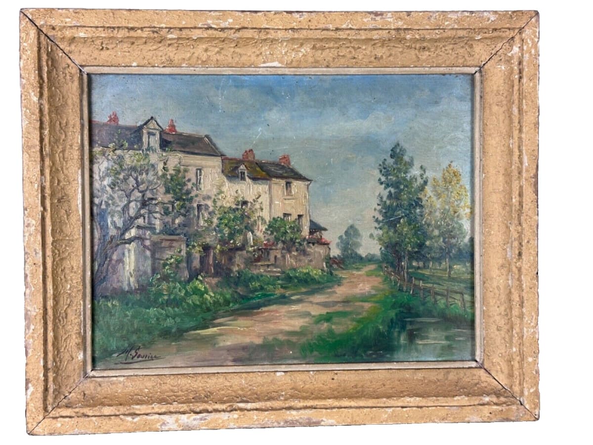 Beau tableau ancien vue de rue propriété village signé Marie Sourice Anjou Loire - Image 1