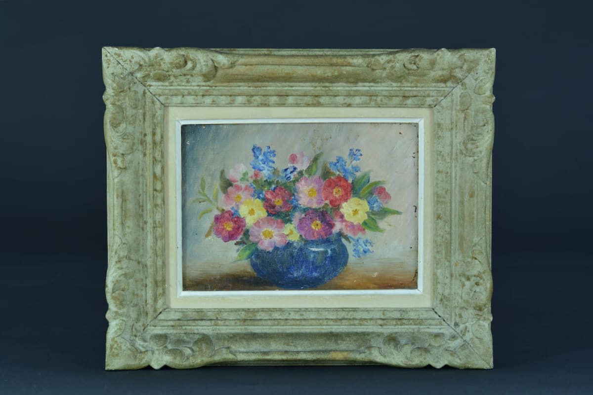 Tableau ancien nature morte bouquet fleurs Vera de Landchevsky encadré - Image 1