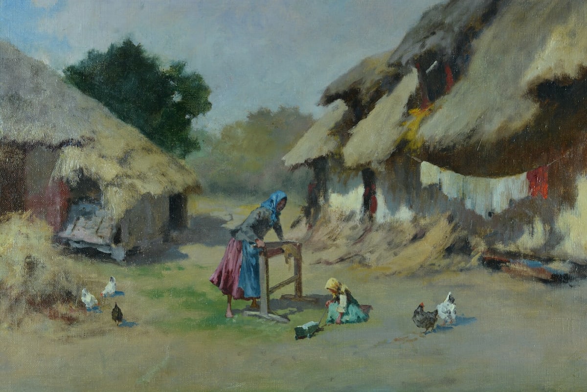 Beau tableau ancien ferme normande animée fillette jouet poule signé Couturier - Image 1