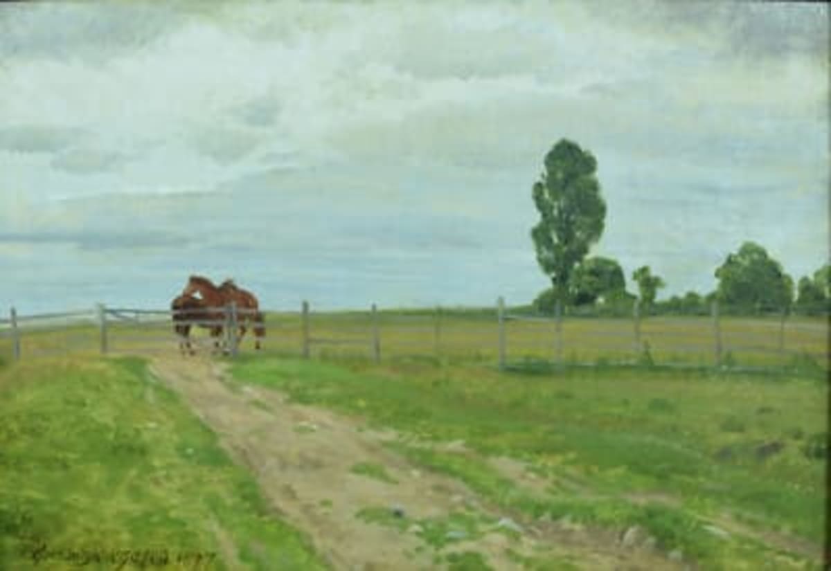 Tableau ancien signé Joakim Skovgaard chevaux dans un paysage 19ème Danemark - Image 1