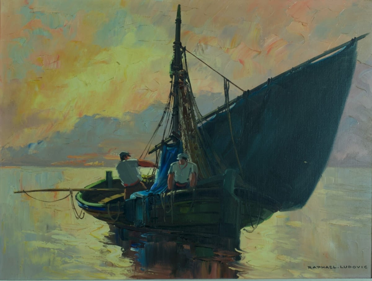 Ancien tableau marine bateau marin golfe de Saint-Tropez le soir Ludovic HST - Image 1