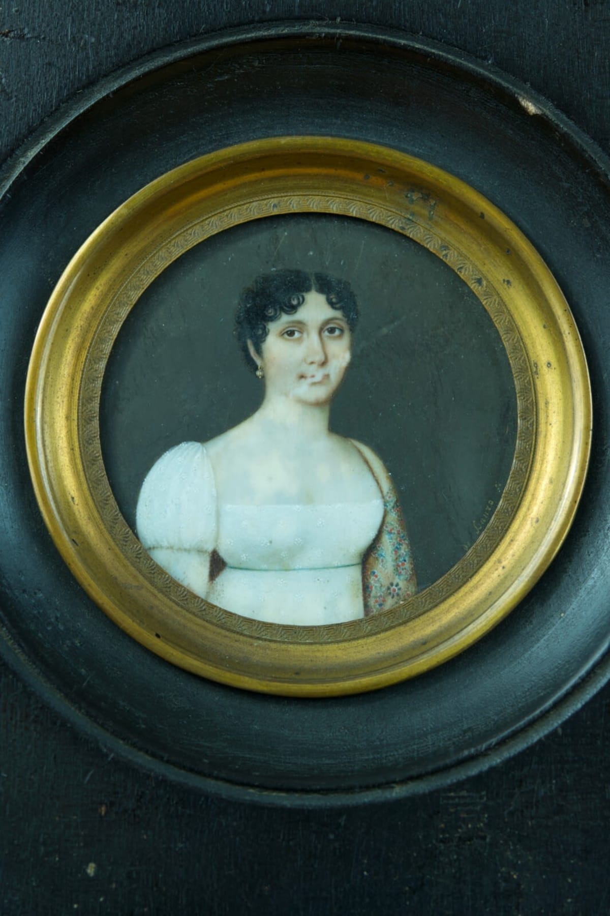 Ancienne miniature portrait de jeune femme robe blanche Empire De Lauro Italie - Image 1