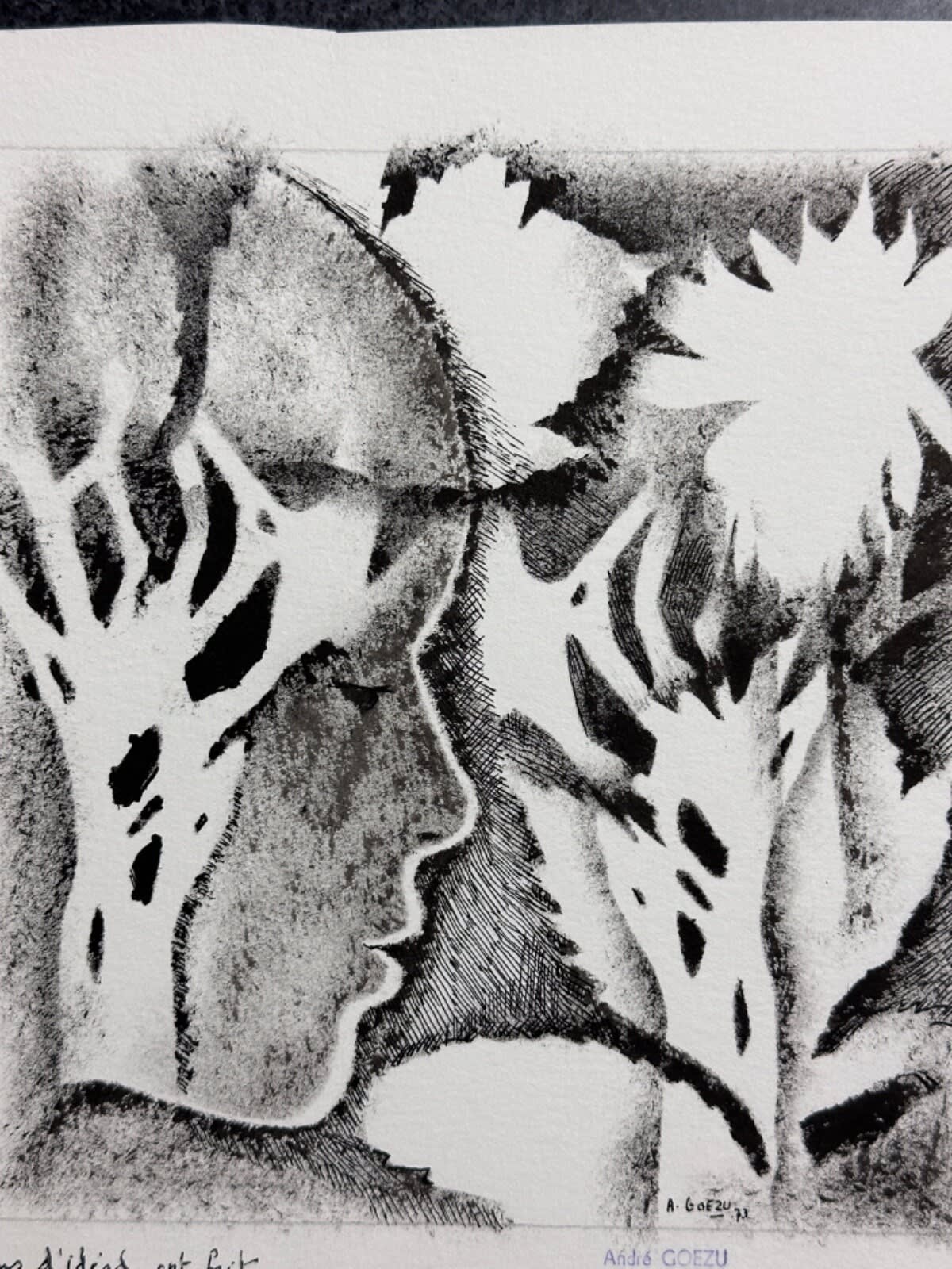 Ancienne gravure 1973 signée André Goezu enfant et maison Judaïca école de Paris - Image 1