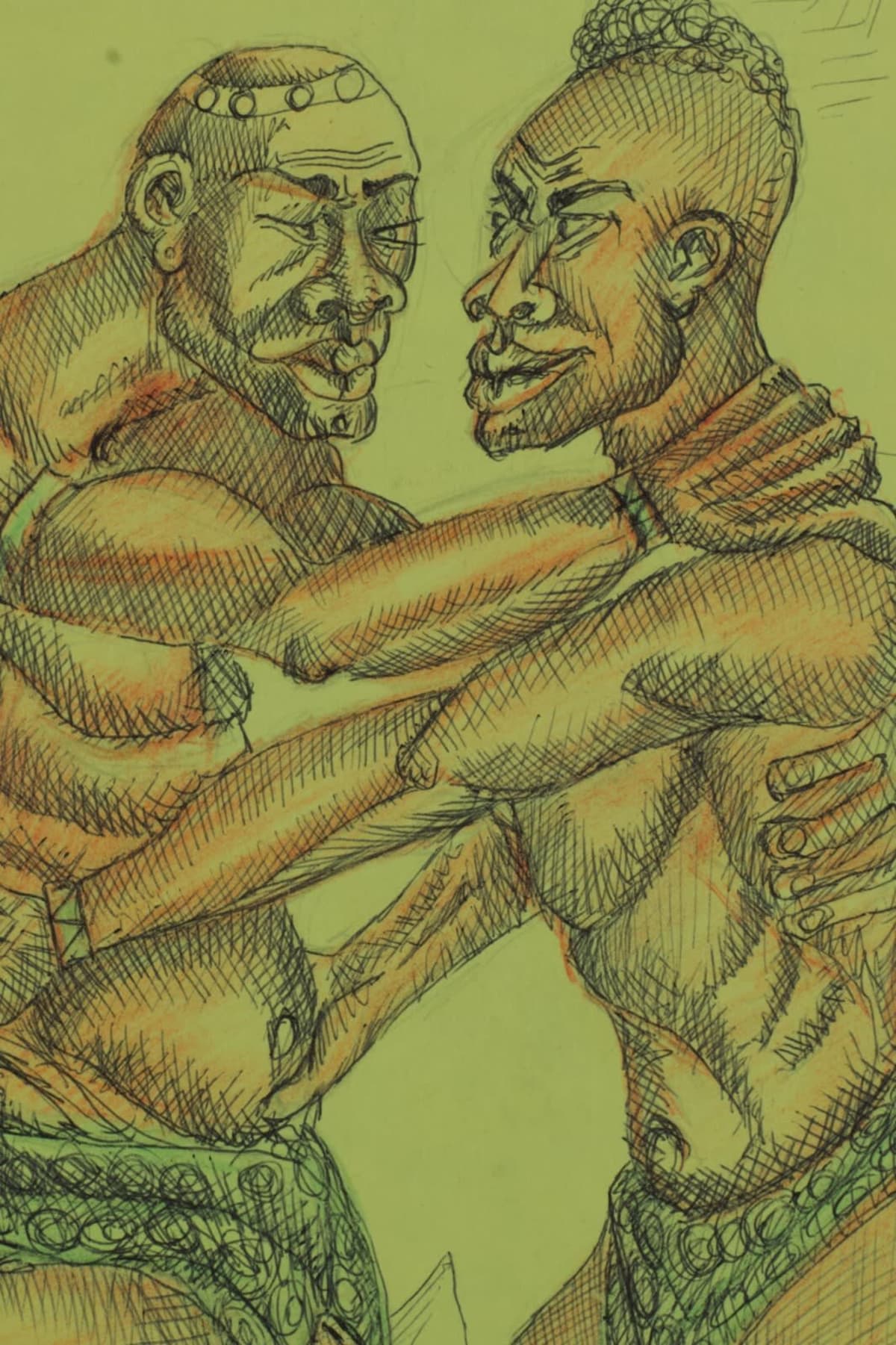 Beau dessin moderne portrait scène africaniste les lutteurs homme signé Salvador - Image 1