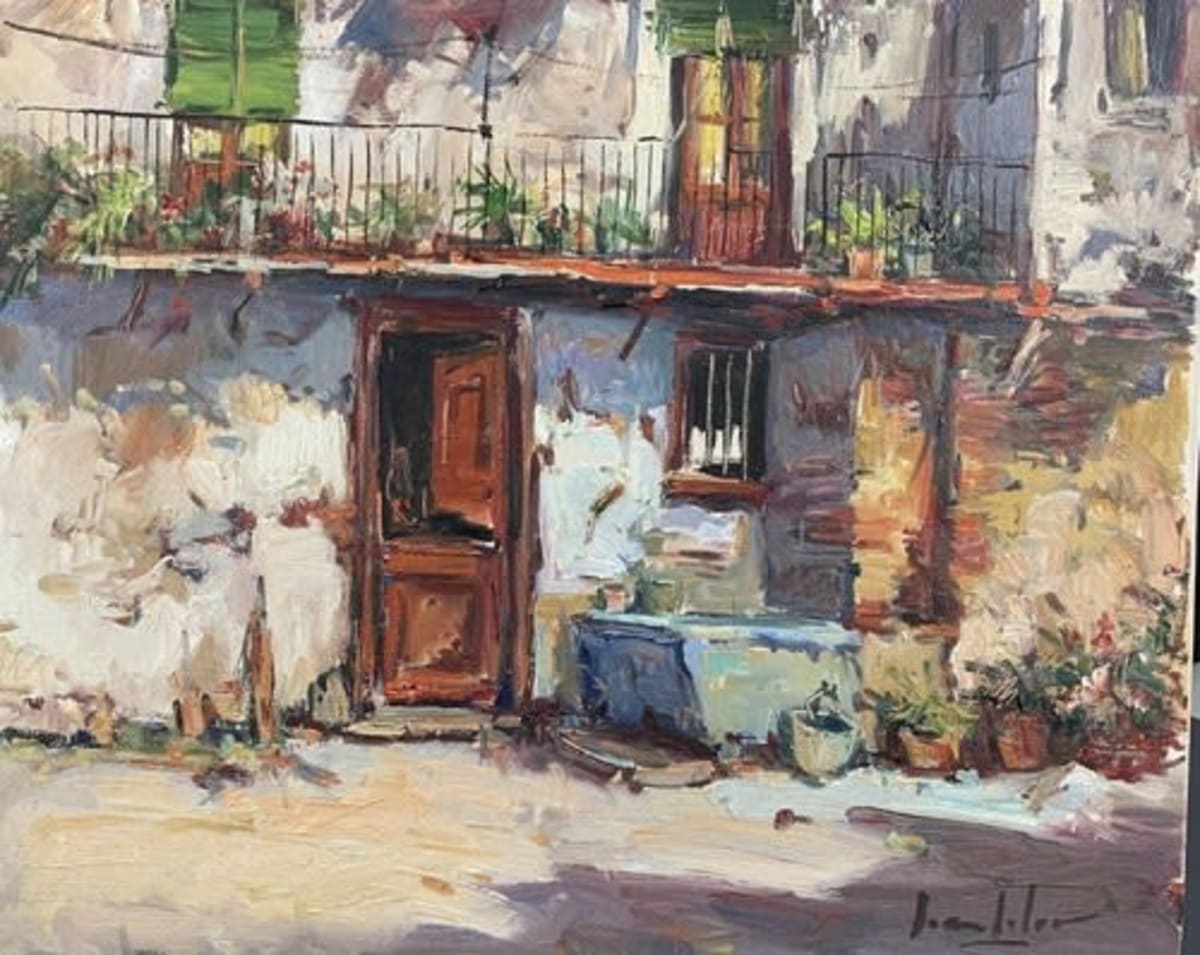 Ancien tableau impressionniste cour de maison et jardin en Espagne Joan Soler - Image 1