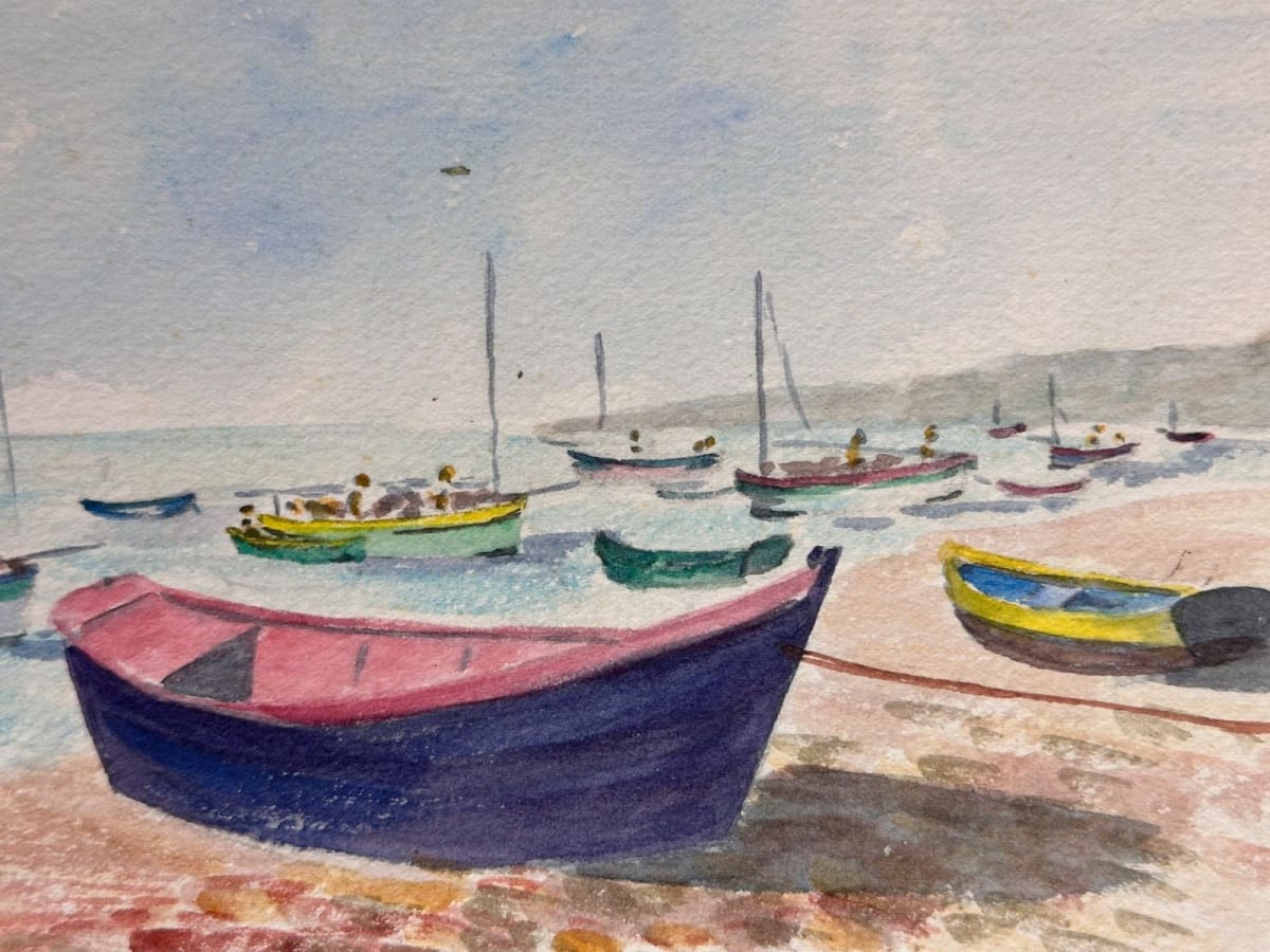 Ancienne aquarelle Gabrielle Bellocq vers 1960 bateaux port Bretagne Normandie - Image 1