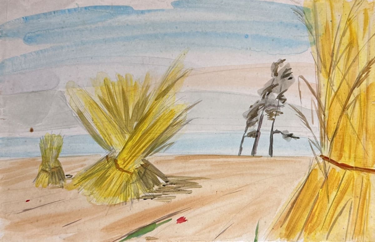 Ancienne aquarelle Gabrielle Bellocq vers 1960 paysage campagne fagots de foin - Image 1