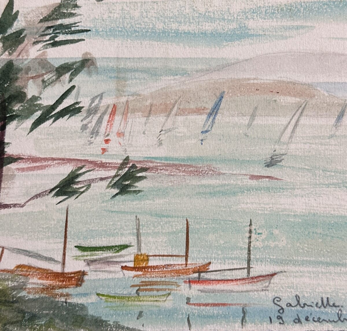 Anciennes aquarelles Gabrielle Bellocq vers 1960 mer et voiliers - Image 1