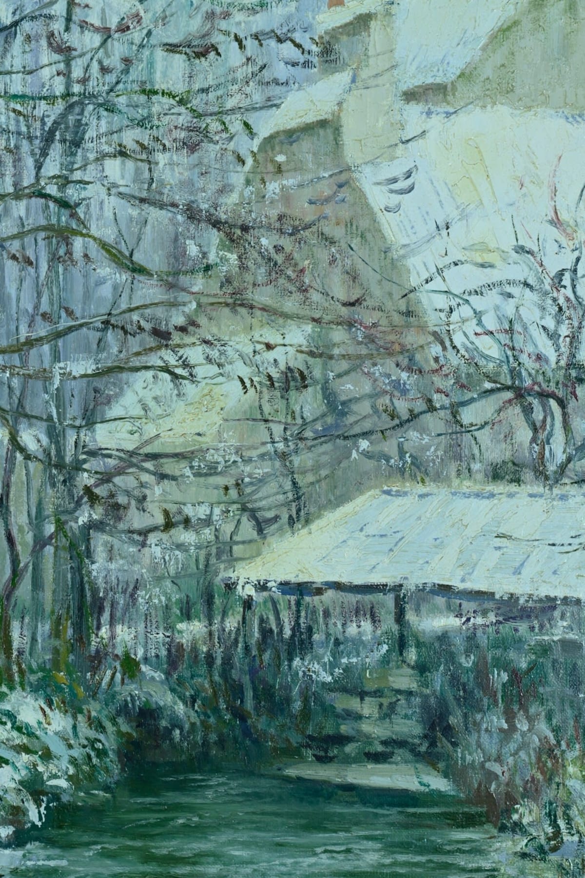 Beau tableau impressionniste effet de neige paysage Oise moulin Giran-Max HST 19e - Image 1