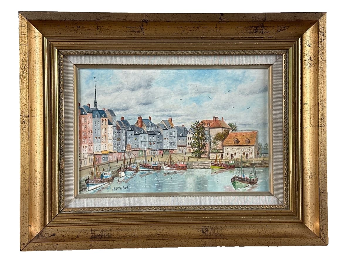 Tableau huile vue du port d'Honfleur Normandie bateaux signé Lebel HST marine - Image 1