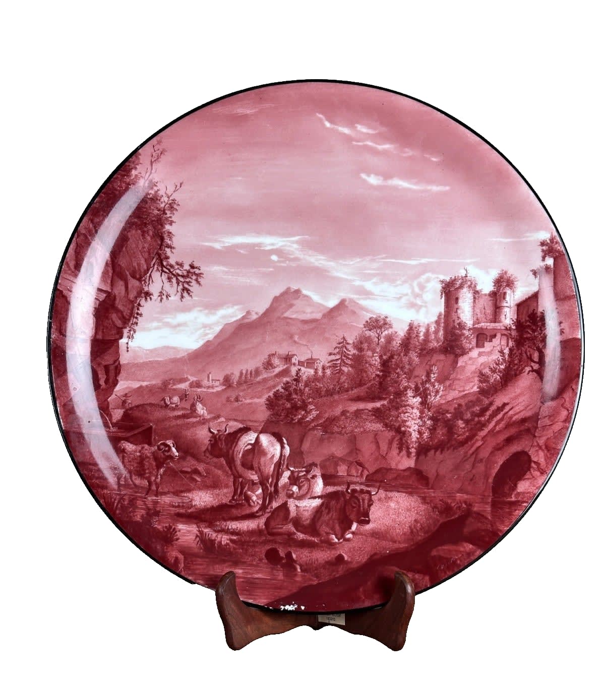 Grand plat ancien porcelaine vache montagne, château ruine Mulhauser Suisse XIXe - Image 1