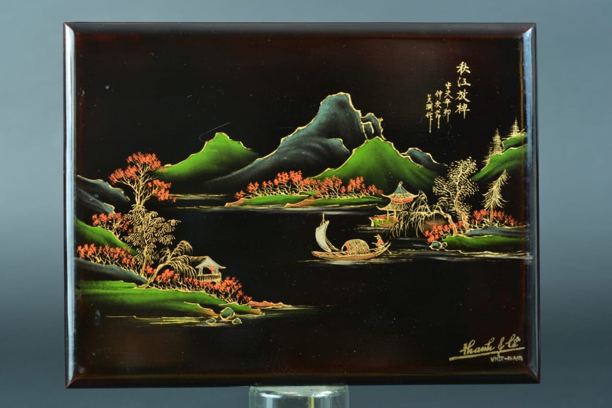 Ancien panneau en laque Viêt Nam Indochine signé Thanh Lê paysage Mékong rare - Image 1