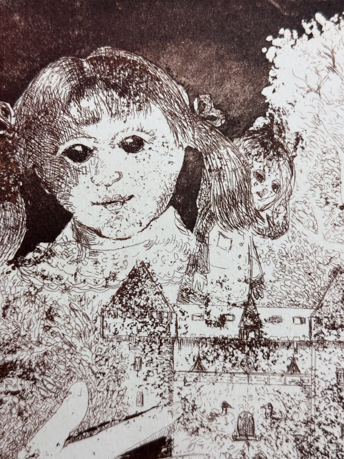 Ancienne gravure 1973 enfant poupée André Goezu école de Paris Judaïca - Image 1