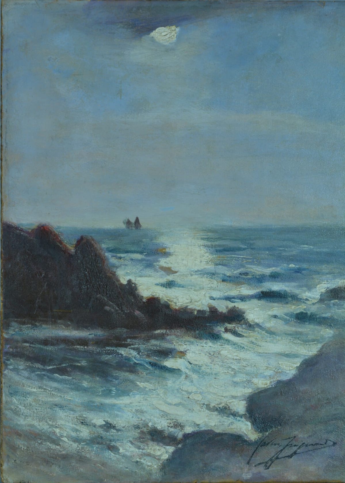 Beau tableau ancien paysage marine Gaston Guignard bord de mer Bordeaux 19 - Image 1