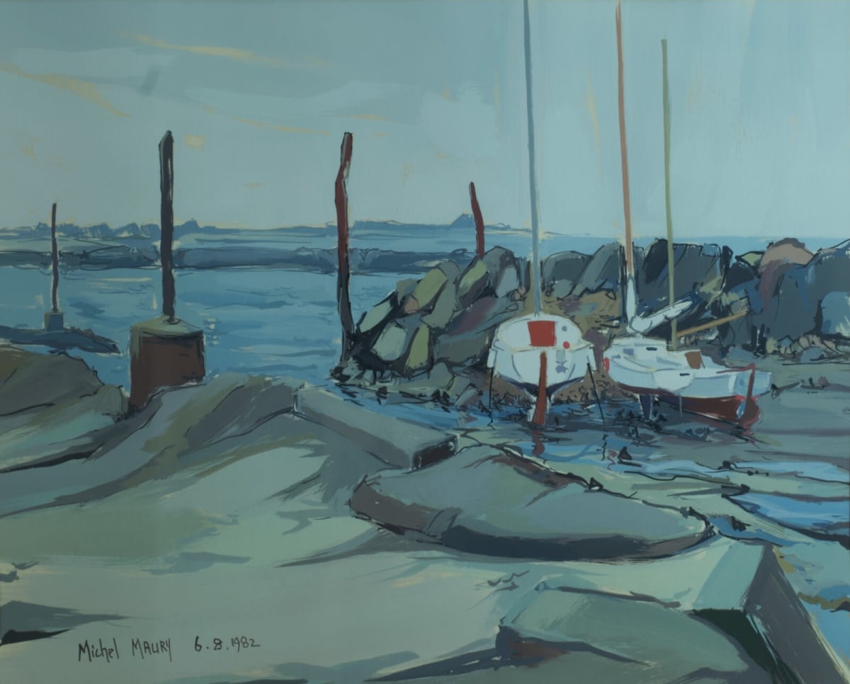 Grand tableau ancien bateau dans le port de Lérat mer Bretagne Michel Maury - Image 1