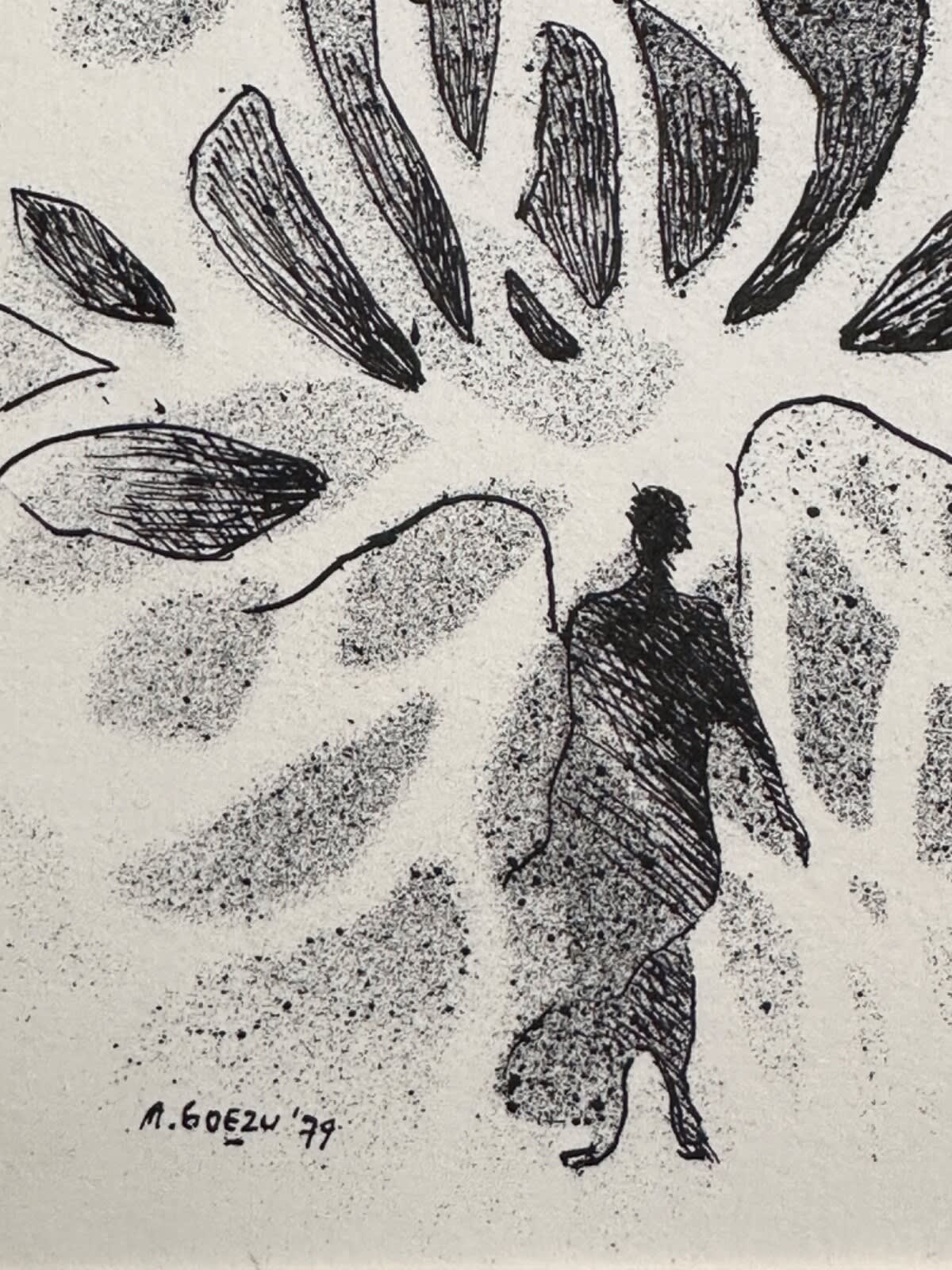 Ancienne gravure 1979 signé André Goezu Homme et oiseaux Judaïca école de Paris - Image 1