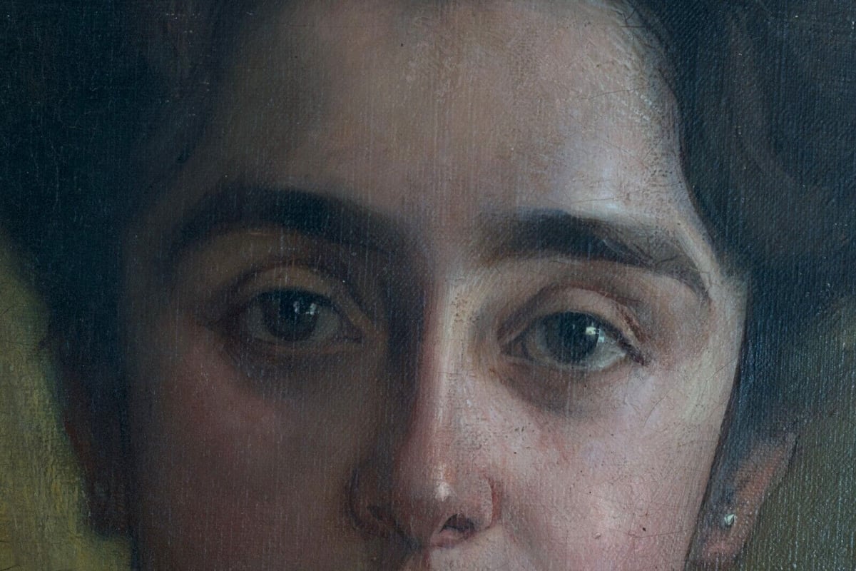 Tableau ancien portrait Art Nouveau jeune femme robe J.P Carré Bordeaux HST 1900 - Image 1